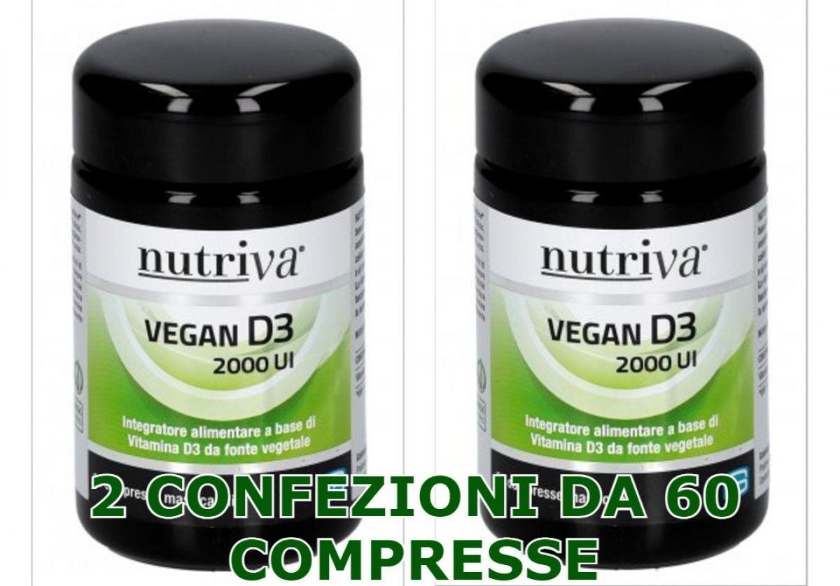 NUTRIVA VEGAN D3 2000 UI ►PROMO 2 CONFEZIONI◄ Integratore alimentare utile in caso di aumentato fabbisogno di vitamina D. Aiuta le difese immunitarie e favorisce il naturale benessere del tessuto osseo. 2 confezioni 60+60 compresse masticabili.