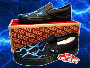 VANS Slip on Black CUSTOM Blue Lightning