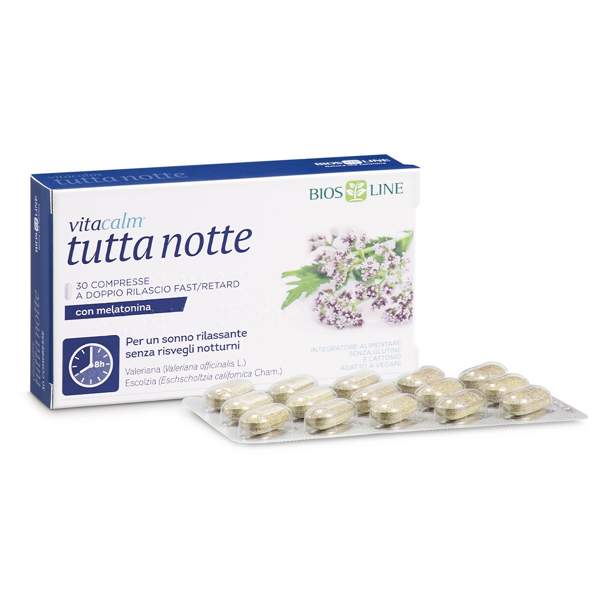 BIOS LINE VitaCalm Tutta Notte 30 compresse - Bios Line Indicato per favorire il riposo notturno, in caso di sonno leggero o intermittente, risvegli notturni e risvegli mattutini precoci. 30 compresse a doppio rilascio fast/retard.