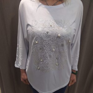 T-shirt kimono manica 3/4 bianca stampa argento e perle made in italy, vestibilità curvy.Disponibili XL, XXL,XXXL